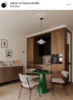 an image of a dining room setting with green table and chairs in the center area