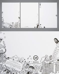 two pages with black and white drawings on them, one has an image of people in the background