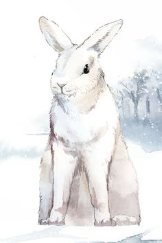 a watercolor painting of a white rabbit sitting in the snow