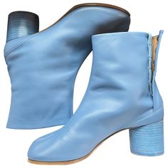 Maison Martin Margiela Women's Tabs Mid Heel Boot (Cornflower Blue) Buttery Soft Calfskin Original Price: 1090usd Asking Price: 750usd (Will Consider Reasonable Offer) Heel Height: 2in No Surface Scratch On Any Part Of Visible Shoe Material Worn Once, See Photo Of Soles Original Box & Shoe Packaging Very Good Condition (A Second-Hand Item That Is Hardly Worn And Has Been Very Well Maintained. See Photos) Shoe Packaging, Maison Martin Margiela Shoes, Pony Style, Tabi Boots, Mid Heel Boots, Margiela Tabi, Margiela Shoes, Mid Heel Shoes, Heel Boot