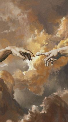 two hands reaching out to touch each other in front of a cloudy sky with clouds