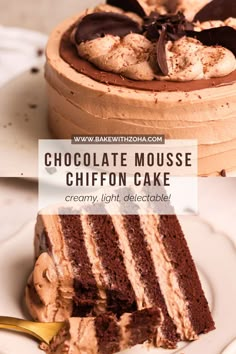 chocolate mousse chiffon cake on a white plate