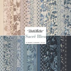 an assortment of blue and white fabrics with flowers on them, all in different colors