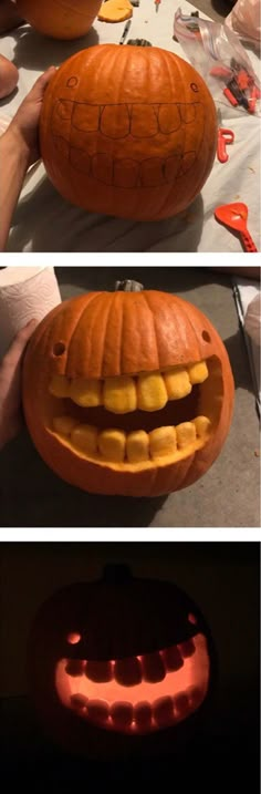 pumpkin carved to look like a football with teeth on it's face and mouth