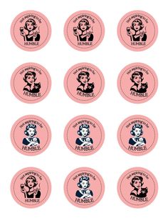 six pink stickers with the names of different women in black and white on them