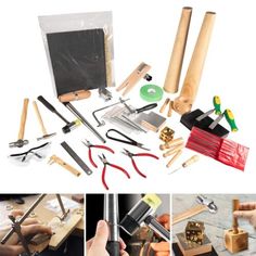 various tools are being used to make wooden toys and crafts, including hammers, pliers, etc