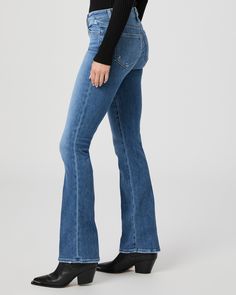 A universally flattering high-rise style with a fitted silhouette through the hips and thighs, a slim bootcut from the knee down and a slightly shorter 32" inseam. Cut from our TRANSCEND VINTAGE denim in a faded medium wash, this style has the look of authentic vintage denim but is incredibly comfortable with plenty of stretch and recovery. The 32" inseam pairs perfectly with flats and also works well for petite customers looking to style it with a heel. | High Rise Manhattan 32 Inch Bootcut Jea Mid-rise Blue Flares For Fall, High Rise Blue Flares For Fall, Modern Fitted Straight Leg Flares, Modern Fitted Full Length Flare Jeans, Modern High-rise Slim Fit Bottoms, Modern High Rise Slim Fit Bottoms, Blue High-rise Fitted Flares, Blue Fitted High Rise Flares, Fitted Modern Flare Jeans