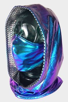 Unleash your inner Ninja in our Holographic Festival Hood and Mask! We've designed our reversible hoods with a silver holographic fabric that has triangle patterns dispersed on the surface, as well as premium blue to purple holographic fabric. Our hoods are reversible and can easily slip over your head. They are unisex one size fits all! Our adjustable blue/purple holographic masks are lined with sustainably harvested eucalyptus trees, making them soft to the touch. For comfort and breathability Hood Ninja, Purple Rave Outfit, Rave Hood, Vest Ideas, Hood Mask, Ninja Mask, Holographic Fashion, Holographic Fabric, Purple Holographic