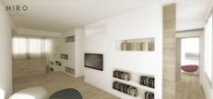 the interior of a modern living room with bookshelves