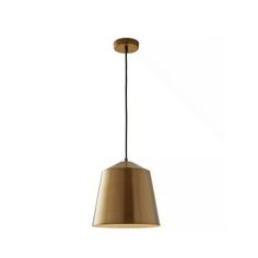 a brass colored pendant light hanging from the ceiling