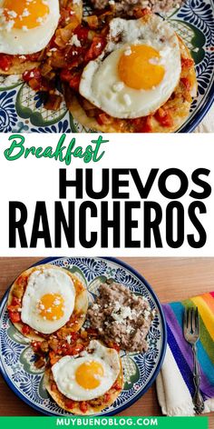 two plates with breakfast foods on them and the words breakfast huevoos rancheros