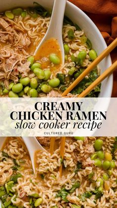 creamy chicken ramen slow cooker recipe in a bowl with chopsticks