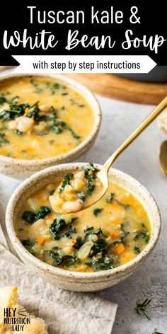 two bowls of tuscan kale and white bean soup with step by step instructions