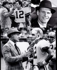 four photos of football players in suits and hats