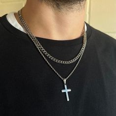 Sold as a Set* The cross pendant on a 22" rope chain + a silver 5mm Curb chain 18". We can change the length of the curb chain if you would prefer it to hang lower or higher. We have 16"/18"/20"/22"/24"/26" available.  DETAILS Chain styles: Rope Materials: Stainless Steel / 18K Gold PVD Plating Necklace clasp: Lobster Hypoallergenic Twistedpendant Logo engraved on the back of the pendant QUALITY ASSURANCE  This chain is made from Recycled Stainless Steel (Surgical Grade 316L). This chain will no Guys Necklaces, Mens Cross Chain, Necklace Clasp, Silver Cross Necklace, Necklace Cross, Mens Necklace, Necklace Clasps, Cross Chain, Jewellery Sets