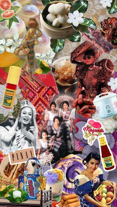 a collage of pictures with food, flowers and other things on it's surface