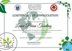 certificate of appreciation with green plant and globe in the center, surrounded by other items