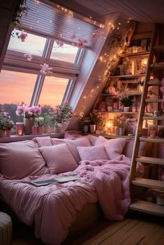 an attic bedroom with pink bedding and lights on the windows sill above it