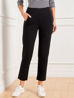 Part of T by Talbots, our most comfortable collection ever! Everyday Stretch Straight Leg Ankle Pants. Our amazingly smooth everyday pant with breathable, supportive fabric that offers great coverage. Stretches with you, but not out of shape Features Straight Leg Hits: At Waist Ankle Length Elastic waistband closure Imported Fit: Misses: 26"; Petite: 24"; Plus: 26"; Plus Petite: 24" Material: 89% Cotton, 1% Spandex Care: Machine Wash Cold; Only Non-Chlorine Bleach When Needed; Turn Garment Insid Gray Ankle Pants Outfit, Ankle Pants Outfit, Pant Outfits For Women, Everyday Stretches, White Sneakers Outfit, Black Pants Outfit, Blazer Outfits Casual, Black Ankle Pants, Ankle Pants Women