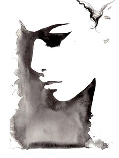 a black and white drawing of a woman's face