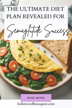 an omelet with spinach and tomatoes on a white plate next to bread