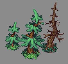 ArtStation - Pixel Pines + Speedpaint, Eugenia Vishneva Pixel Plants Art, Vine Pixel Art, Pixel Art Plants, Pixel Art Tree, Pixel Plants, Tree Pixel Art, Pixel Rpg Games, Pixel Tree