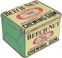 an old metal box with chewing gum on the top and bottom that says, beech nut chewing gum