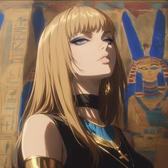 a woman with long blonde hair and blue eyes in front of an egyptian wallpaper