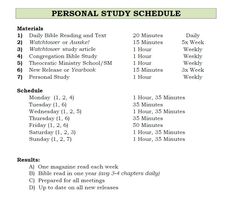 a printable personal study schedule for students with numbers and times to go on each page