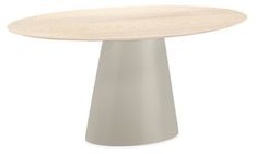 a round table with a white base and light wood top, on a white background