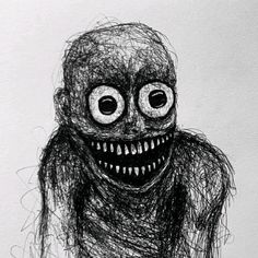 a black and white drawing of a creepy looking creature with big eyes on it's face