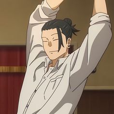 an anime character holding his arms up in the air