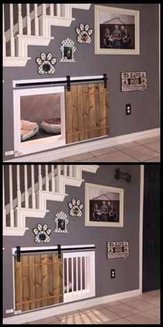 two pictures of the inside of a house with stairs and windows in each one side