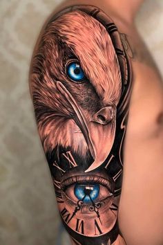 an eagle with blue eyes and clock on his arm