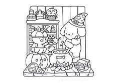 a black and white drawing of two bears cooking in a kitchen with other items on the table