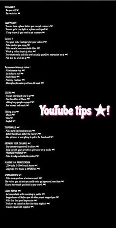 a black background with the words youtube tips written in pink and white on top of it