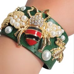 - Brand New - Designer Celebrity Look - Bee With Faux Pearls Cuff Bangle - Great As Present - Adjustable Size - Limited Quantity Feather Cuff Bracelet, Gemstone Cuff Bracelet, Pearl Bangle Bracelet, Vintage Cuff Bracelet, Pearl Love, Pearl Cuff, Wide Cuff Bracelets, Pearl Bangle, Beaded Cuff Bracelet