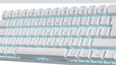 a white keyboard with blue lights on the keys and backliting is seen in this image