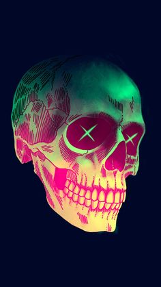 a neon colored skull is shown against a black background with the word x on it