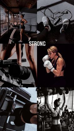 a collage of photos with the words strong on them and images of women working out