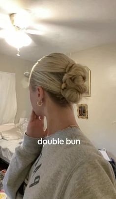 Braid And Bubble Hairstyles, Vertical Buns Hairstyle, Low Bun Messy Tutorials, How To Do 2 Low Messy Buns, Pig Buns Hairstyles, How To Do Double Buns, Easy Blonde Hairstyles, Backless Top Hairstyle, Bun Inspo Hair