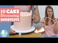 a woman is decorating a pink cake with white icing and the words, 10 cake decorating shortcuts