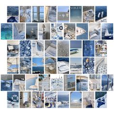 a collage of blue and white photos