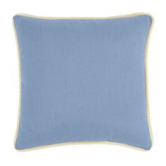 a light blue pillow with white piping on the front and bottom, sitting on a white background