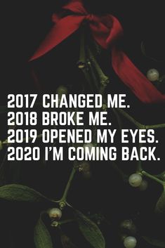 a red ribbon tied to a tree with berries on it and the words changed me broke me 2019 opened my eyes, 209 i'm coming back