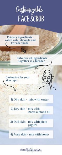 This simple homemade face scrub powder made with oats, almonds and lavender is customizable by mixing in the wet ingredients that work best for your skin type or skin condition. | natural beauty products | #DIY #beauty #homemade Beauty Products Diy, Homemade Face Scrub, Oatmeal Face Scrub, Herbal Kitchen, Face Body Scrub, Natural Beauty Products, Diy Oils, Skin Condition