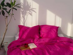 a bed with a pink comforter and a potted plant next to it on the floor