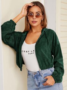 Solid Zip Up Corduroy Hooded Jacket #Sponsored , #Ad, #Zip#Solid#Corduroy Green Plain, Zipper Fashion, Corduroy Fabric, Hooded Jacket, Zip Ups, Open Shoulder Tops