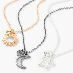 Claire's Best Friends Mixed Metal Cosmic Pendant Necklaces - 3 Pack Three Way Best Friend Necklaces, Matching Jewelry For 3 Best Friends, Three Way Friendship Necklace, 3 Friendship Necklaces, Best Friend Jewelry For 3, Three Best Friends Necklace, 3 Best Friends Necklace, 3 Friendship Bracelets, Friendship Necklaces For 5