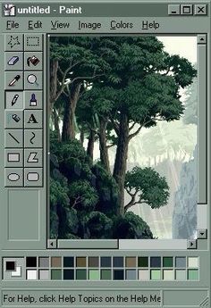 an old computer screen with trees and mountains in the background, as well as text